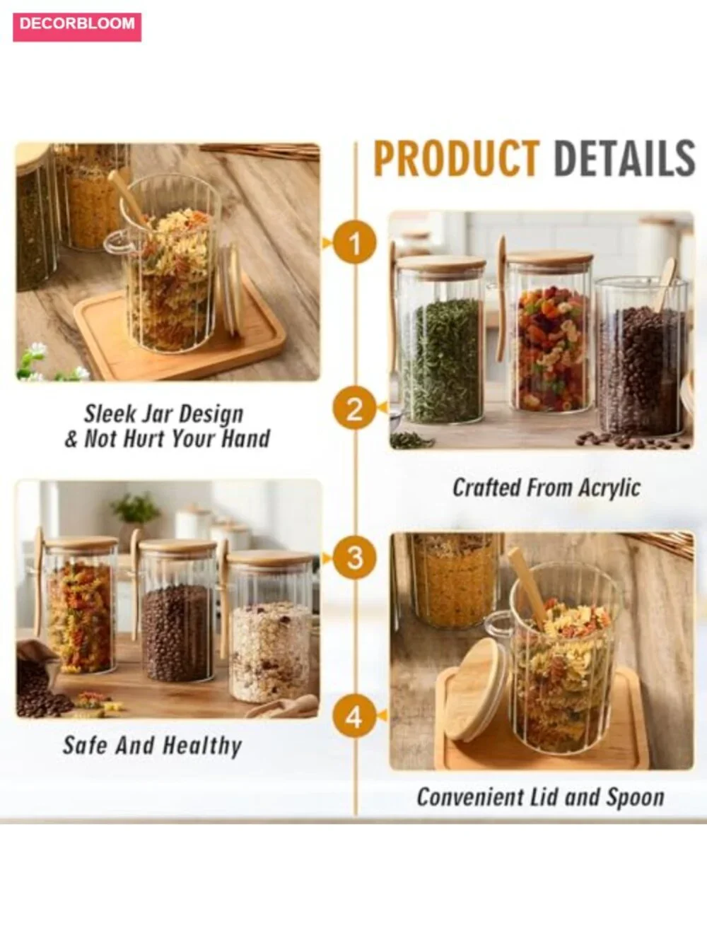 4 Glass Airtight Canisters with Bamboo Lids Spoons Labels 25 oz Each